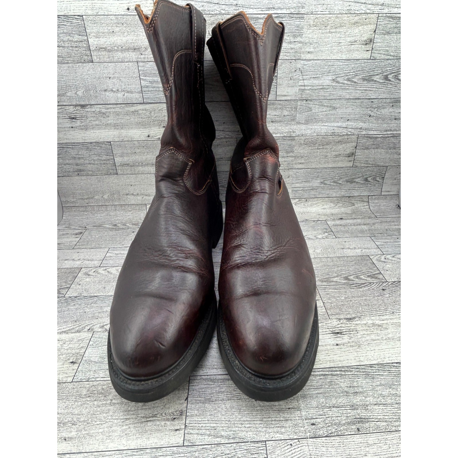 Justin Dark Brown Leather Work Boots Pull On Roper Round Toe Oil Resist Men 12D