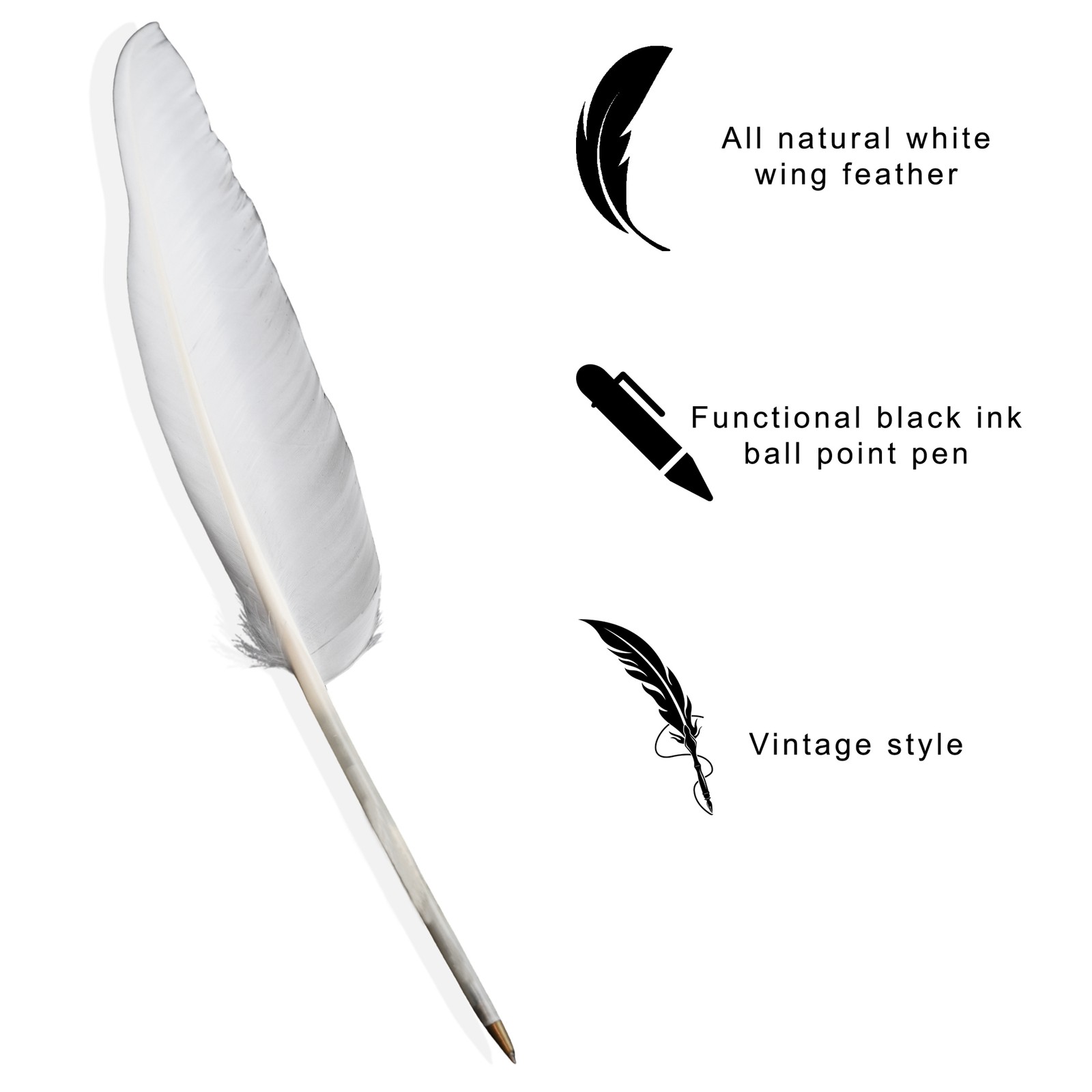Fancy White Goose Feather Pen Black Ink Ballpoint Wedding, Office, Signing Quill