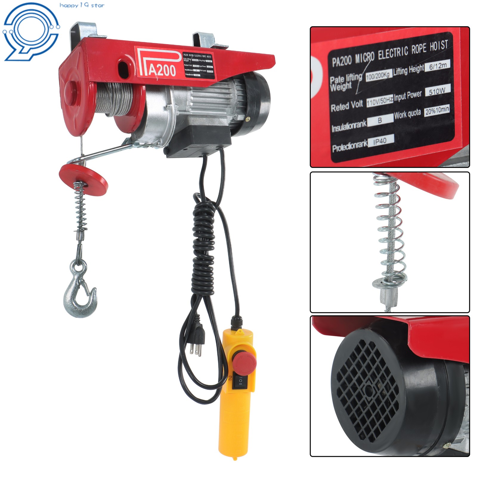 Electric Hoist, 110V 440 Lbs Winch with 6.6ft Remote Control Height 20-40ft