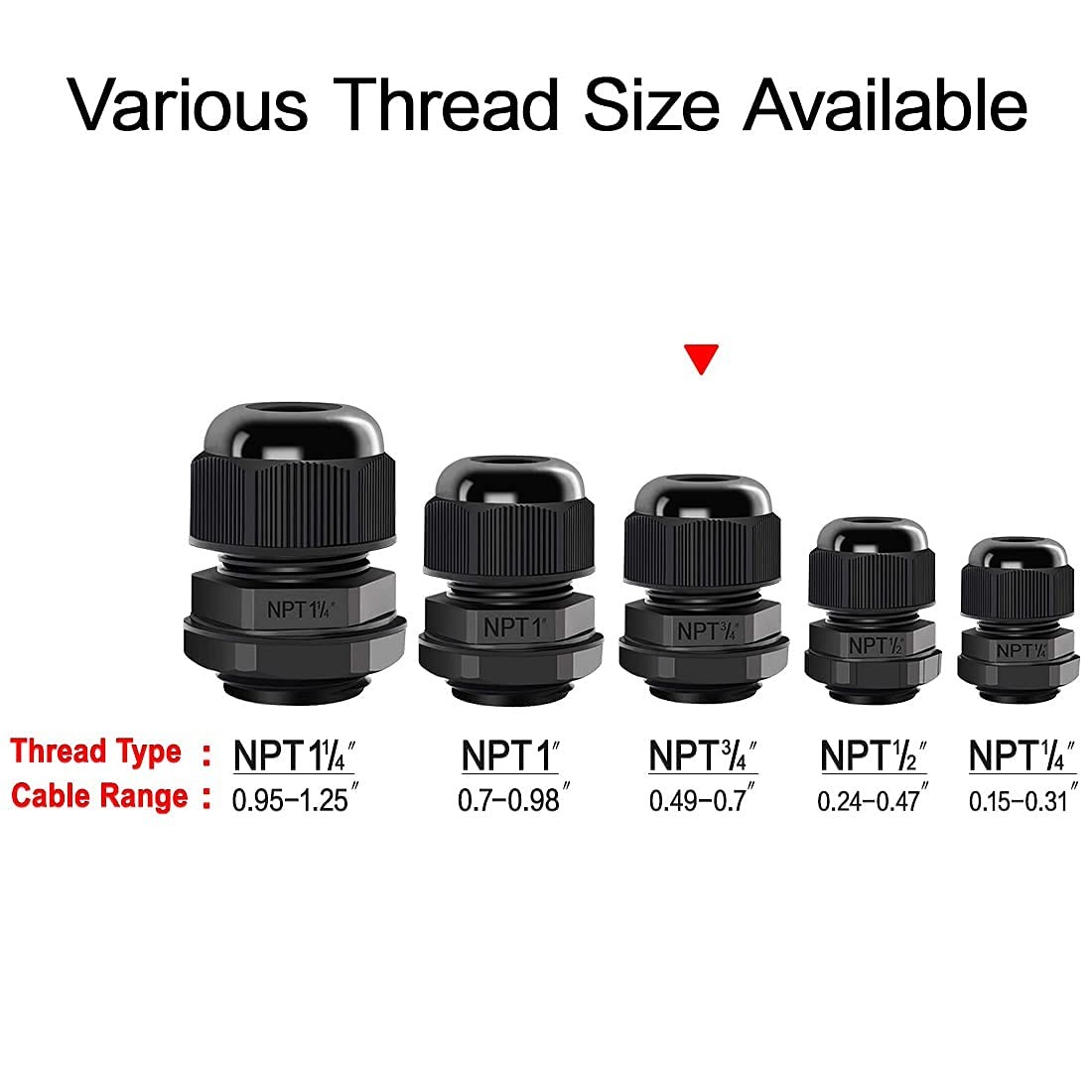 Black NPT 3/4 Inch Waterproof Adjustable Nylon Cable Gland Joints 20 Pack