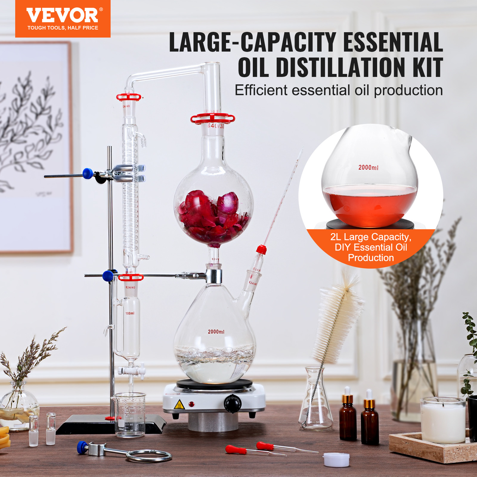 VEVOR Essential Oil Distillation Kit 2000ml Distillation Apparatus 28 pcs Set