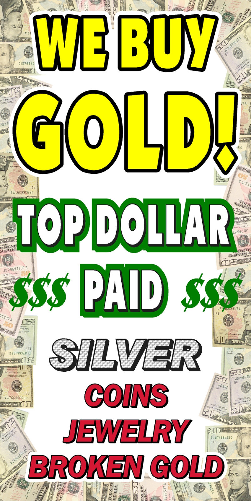PERFORATED WINDOW DECAL PAWN SHOP CASH FOR GOLD NEW LOT OF 4 2′ X 4′ VERTICAL