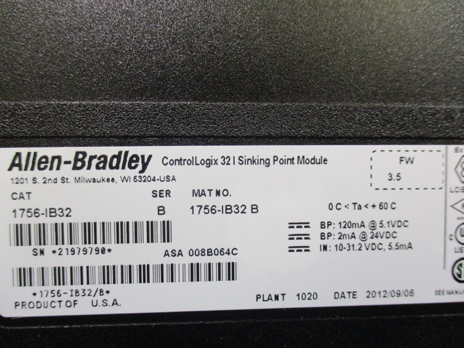 Allen-Bradley 1756-IB32 Ser. B ControlLogix 32 I Sinking Point Module FW 3.5