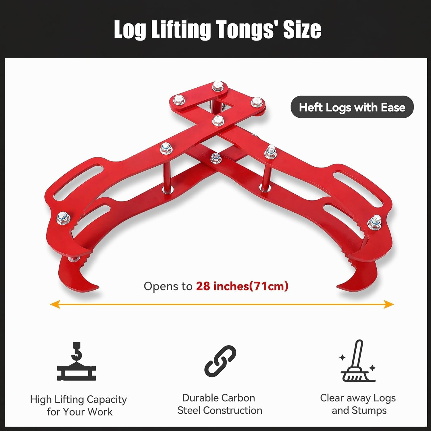 28 Inch Log Lifting Tongs, Heavy Duty Steel Log Grapple with 4 Claws, Swivel Tim