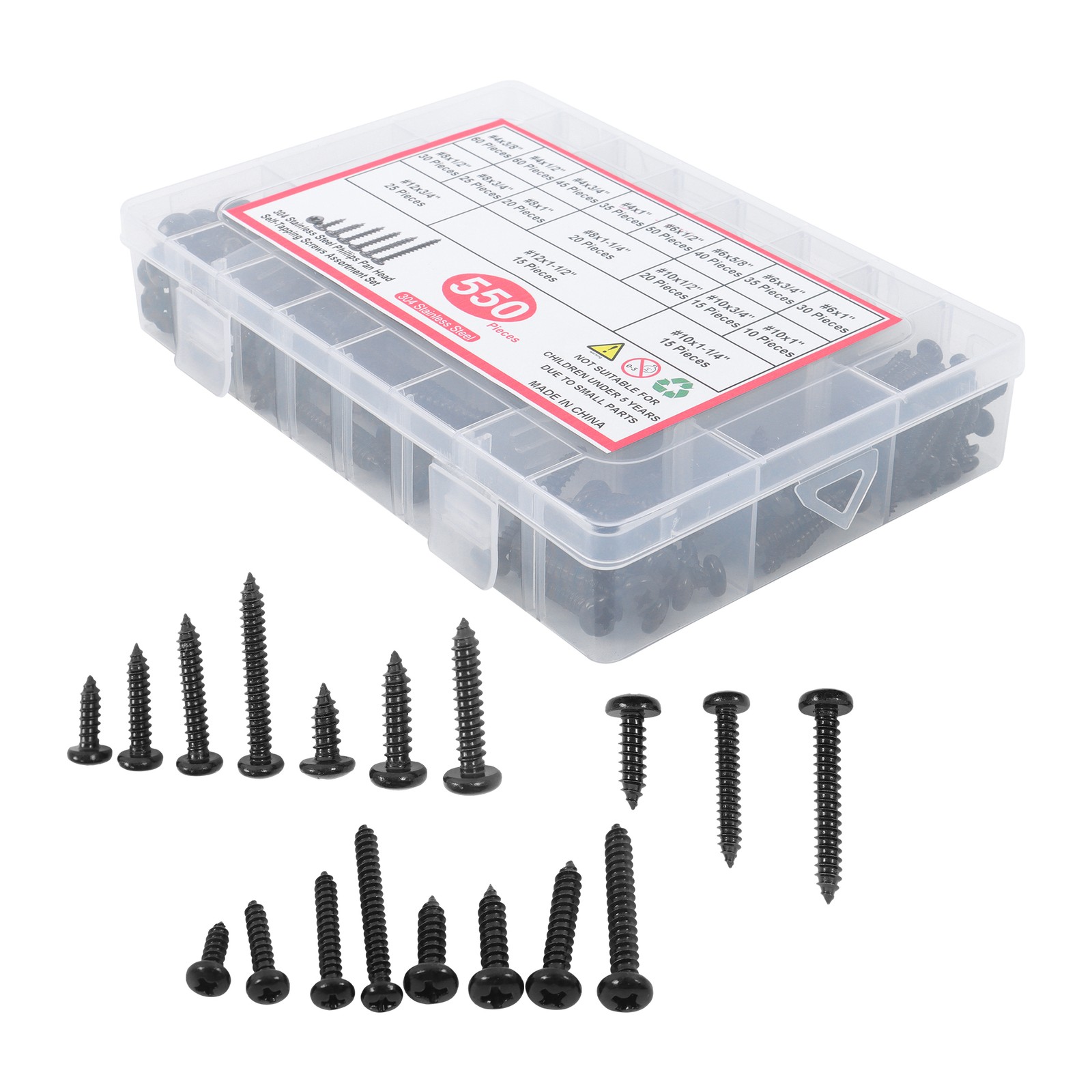 550Pcs 304 Stainless Steel Black Wood Screws, Phillips Pan Head Assortment Kit