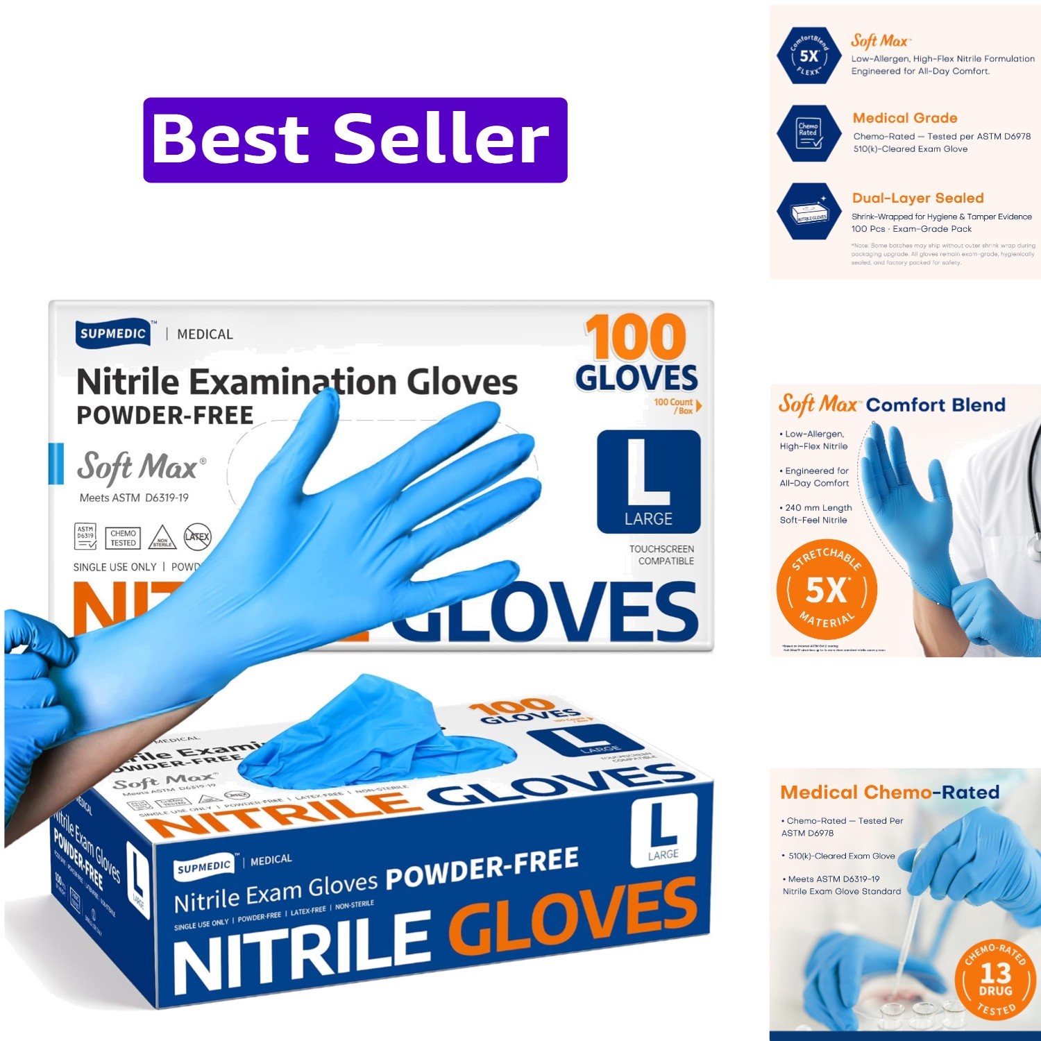 Medical Soft Max Nitrile Exam Gloves, 100 Count Latex-Free Powder-Free Non-St…