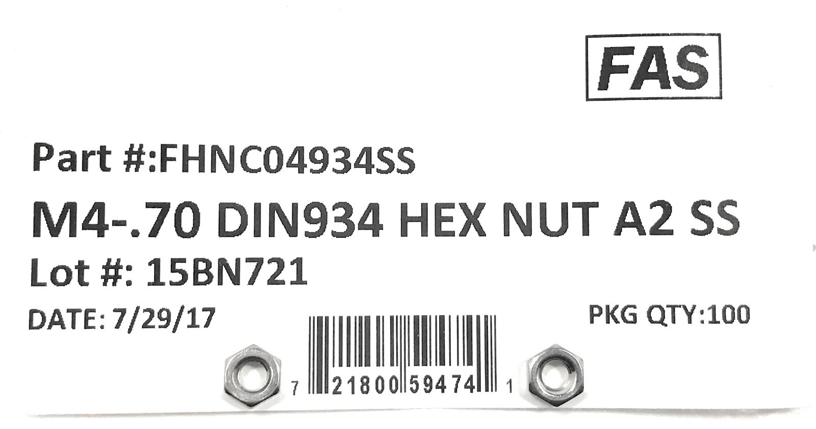 (100) M4-0.7 Stainless Steel DIN934 Metric Finished Hex Nut 4mmx0.7mm QTY:100