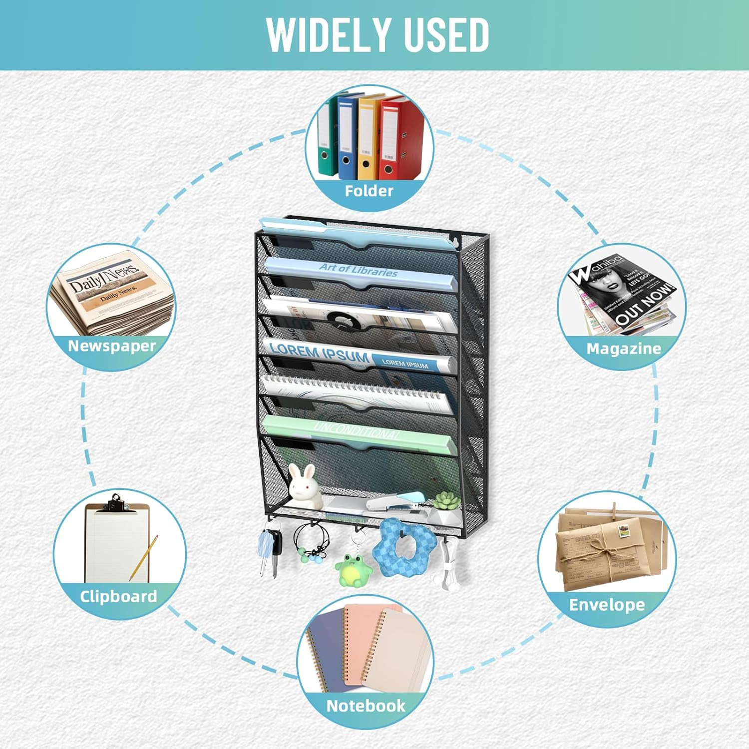 Wall File Organizer, 7 Tier Hanging File Organizer with 5 Hooks, Wall Mounted Ma