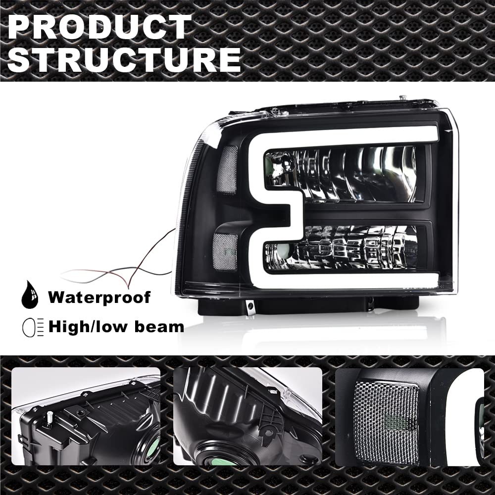 LED DRL Bar Headlights 2005-2007 Ford F250 F350 F450 F550 SuperDuty Black Clear