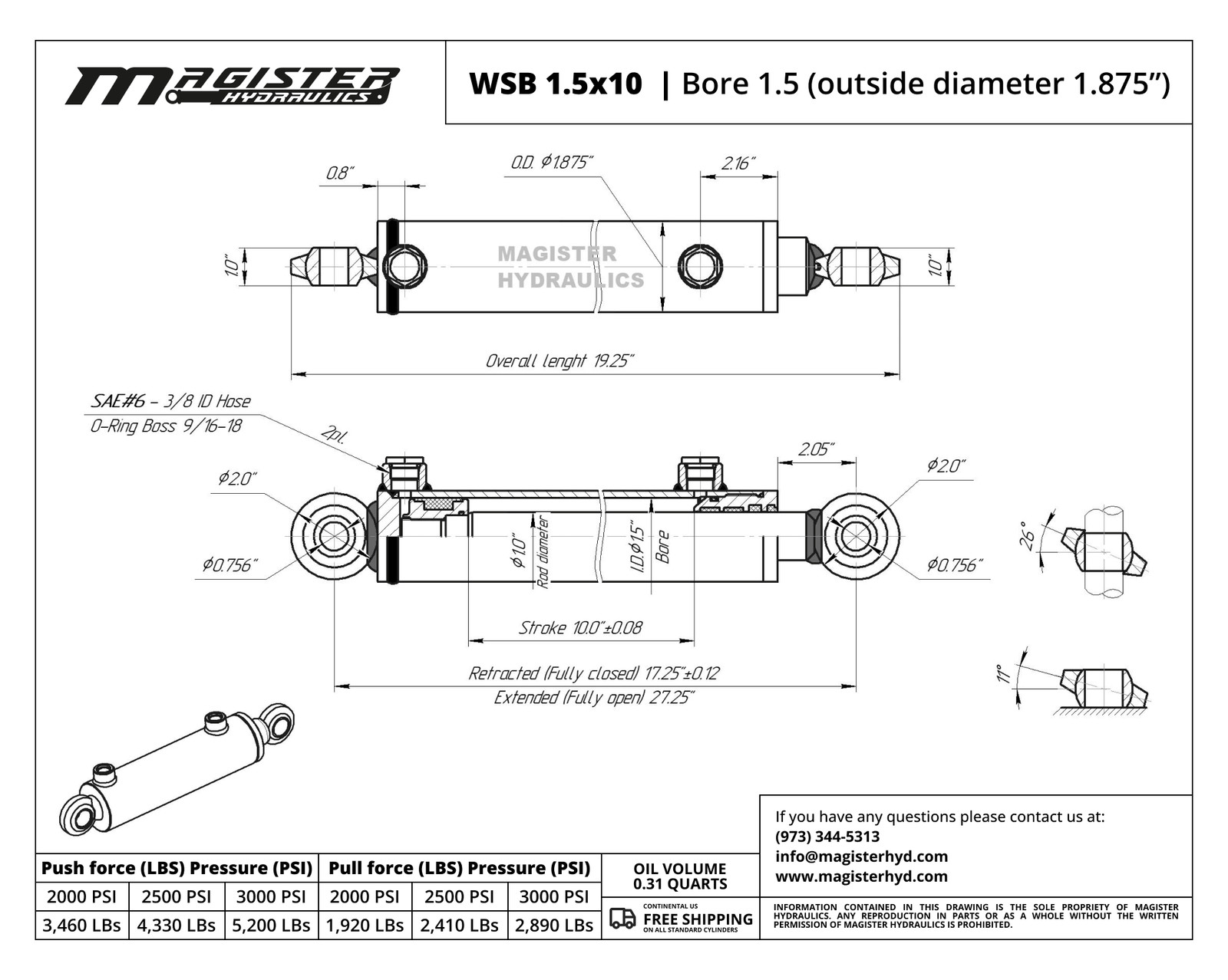 Hydraulic Cylinder Welded Double Acting 1.5″ Bore 10″ Stroke Swivel Ball/Eye