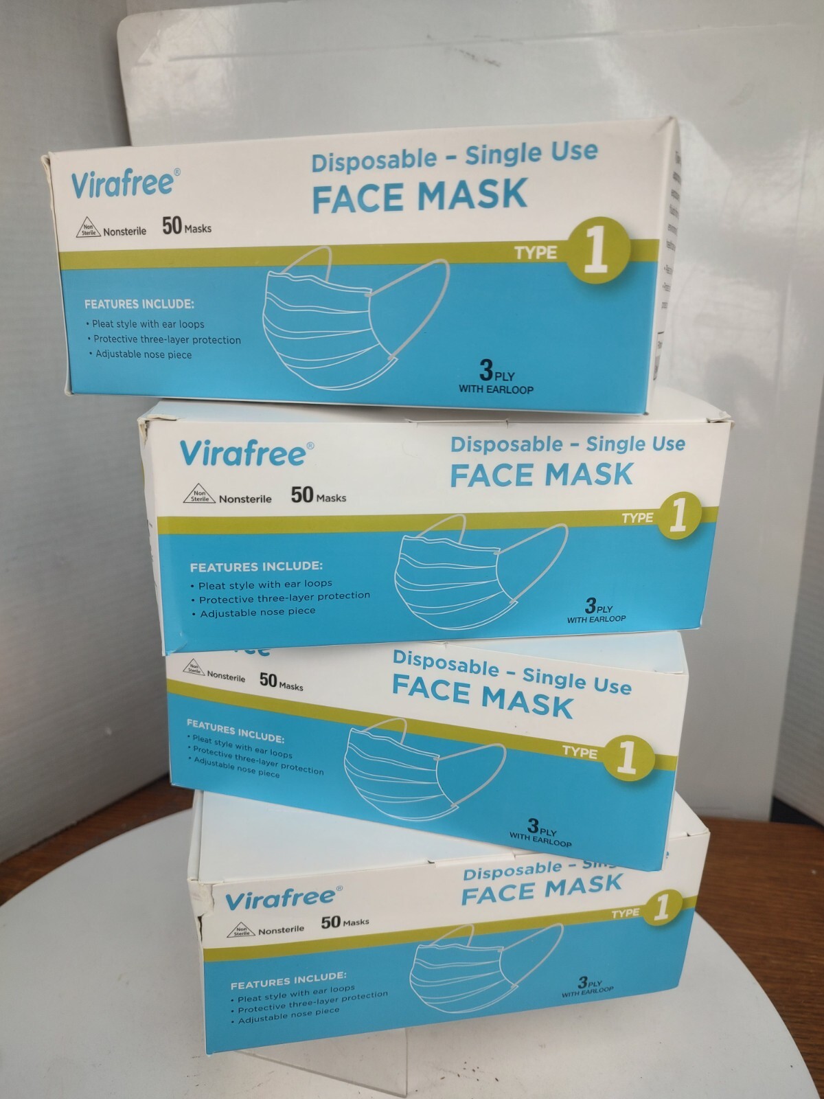 Virafree Disposable Single Use Face Masks 3 Ply 4 Boxes 50 Per 200 Total Pieces