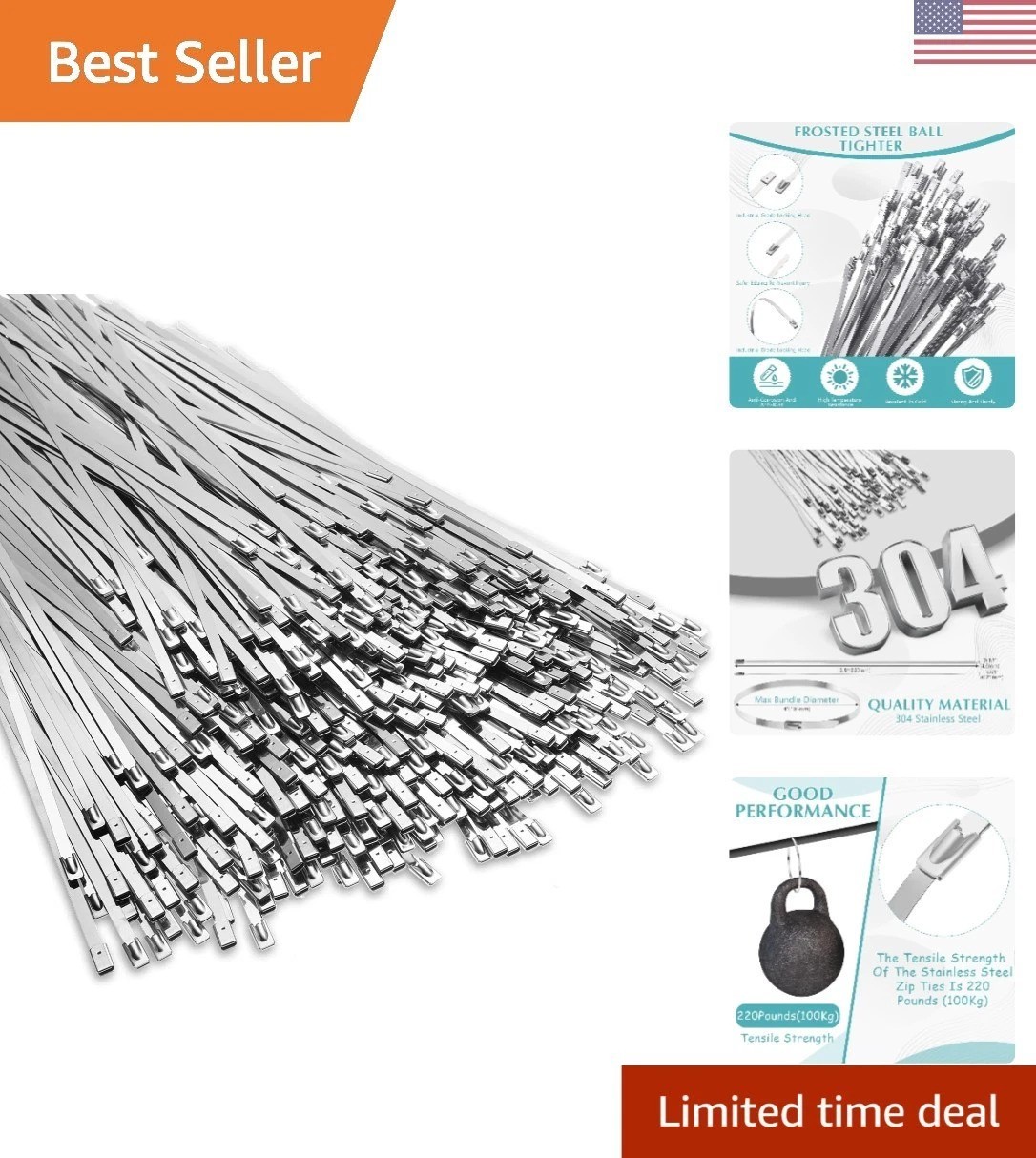 500 Pcs Heavy Duty 304 Stainless Steel Zip Ties, 220 lb Strength for Outdoor Use