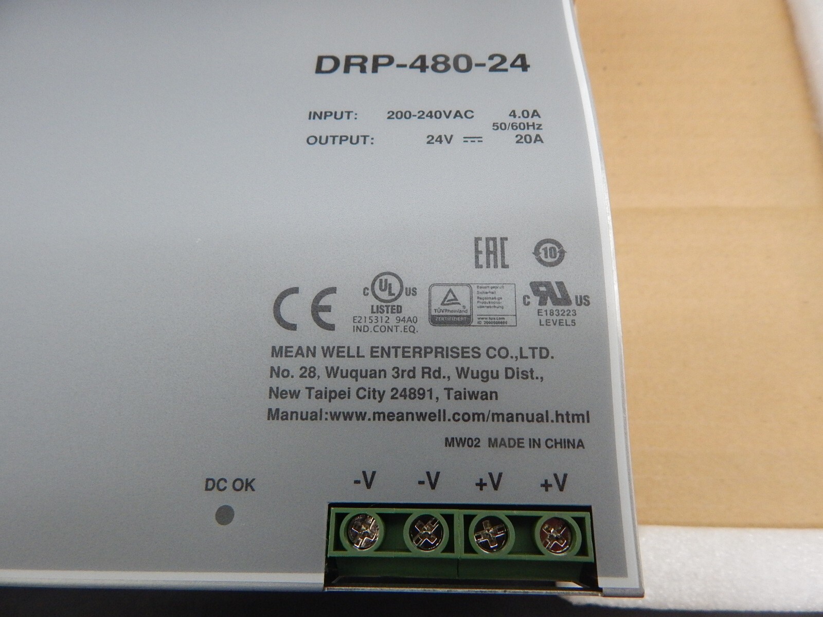 MEAN WELL DRP-480-24 DIN Rail POWER SUPPLY 200-240VAC INPUT 480W TO 24VDC 20A