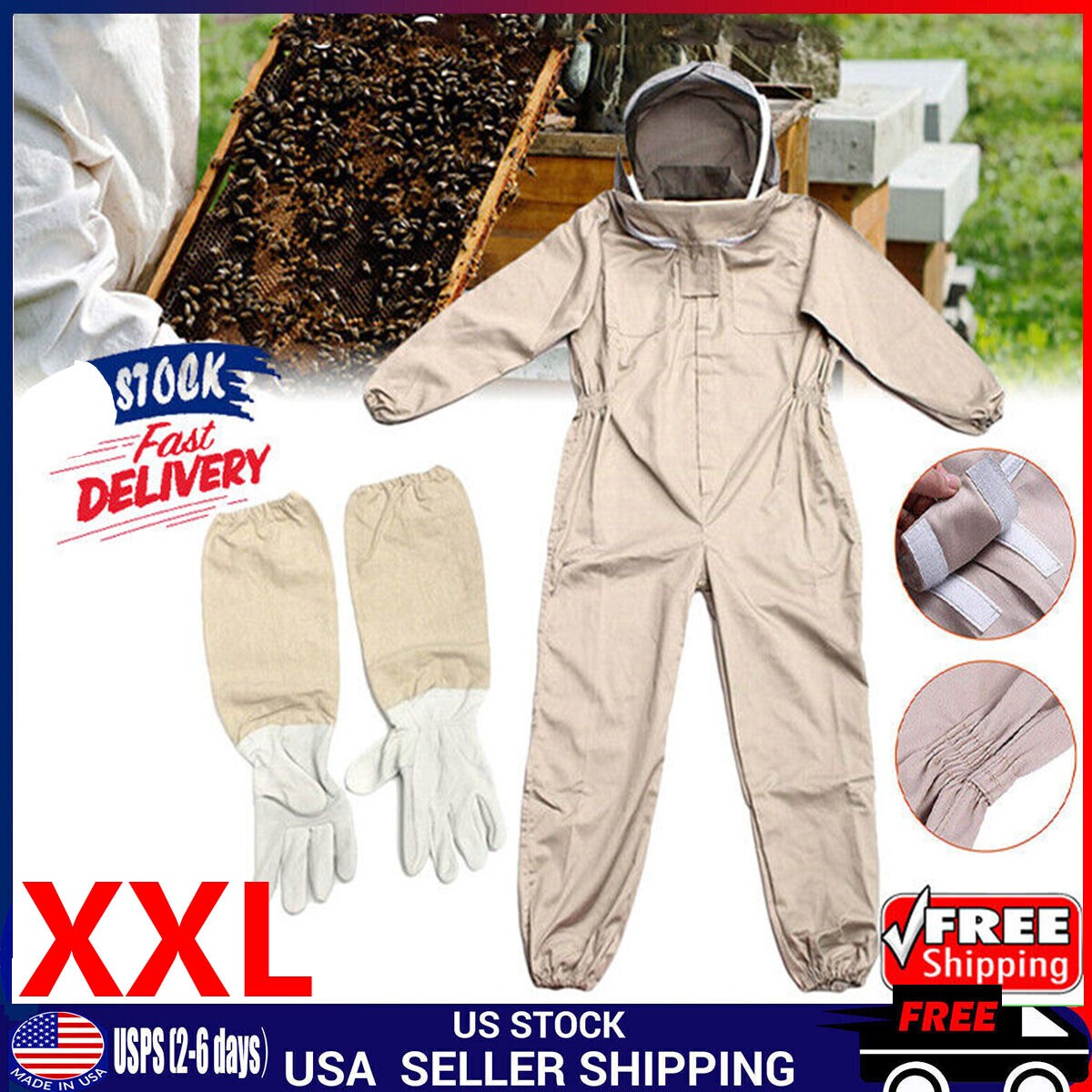 XXL Full Body Anti-bee Suit Cotton Beekeeping Clothing w/Veil Hood&Gloves Unisex