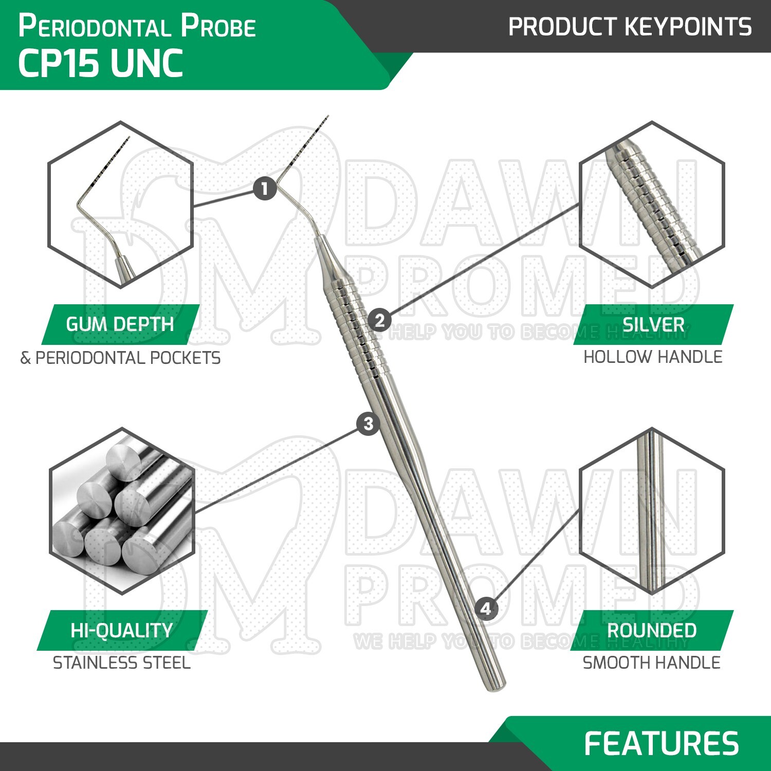 5 Pcs Periodontal Probe CP15 UNC Color Coded Marking Dental Inst German Grade