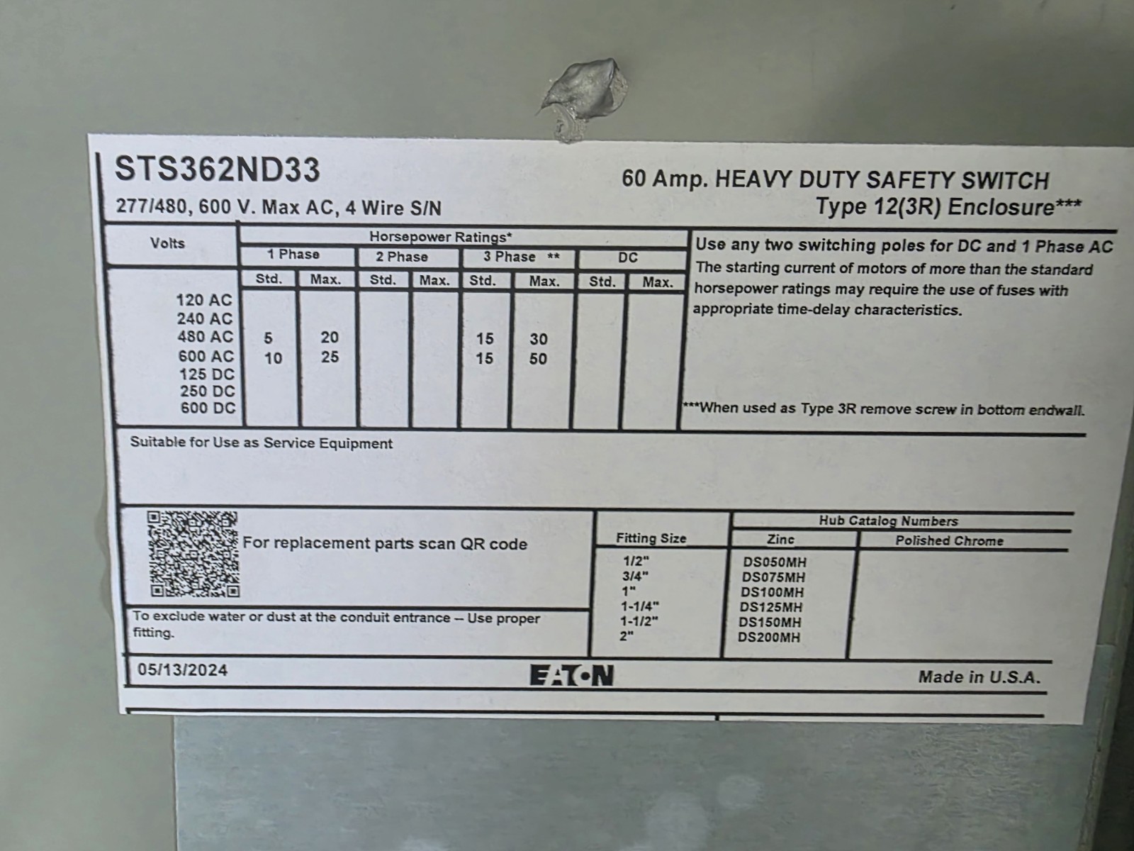 New Eaton STS362ND33 fusible shunt trip safety switch 60 Amps and 600V