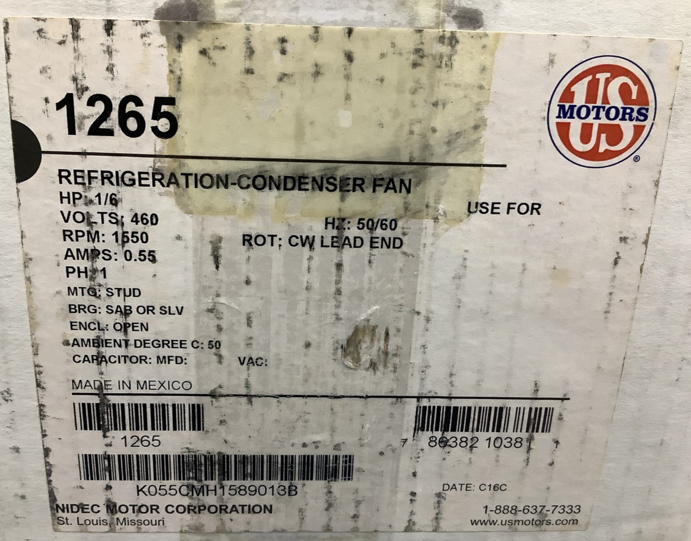 U.S. Motors K55HXCMH-1589 1265 1/6HP 1550RPM 460V Condenser Fan Motor (R62)