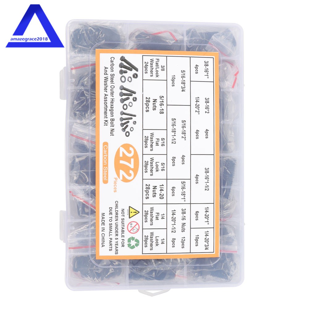 272 Pack 3/8″ 1/4″ 5/16″ Bolts Nuts and Washer Assortment Kits Carbon Steel