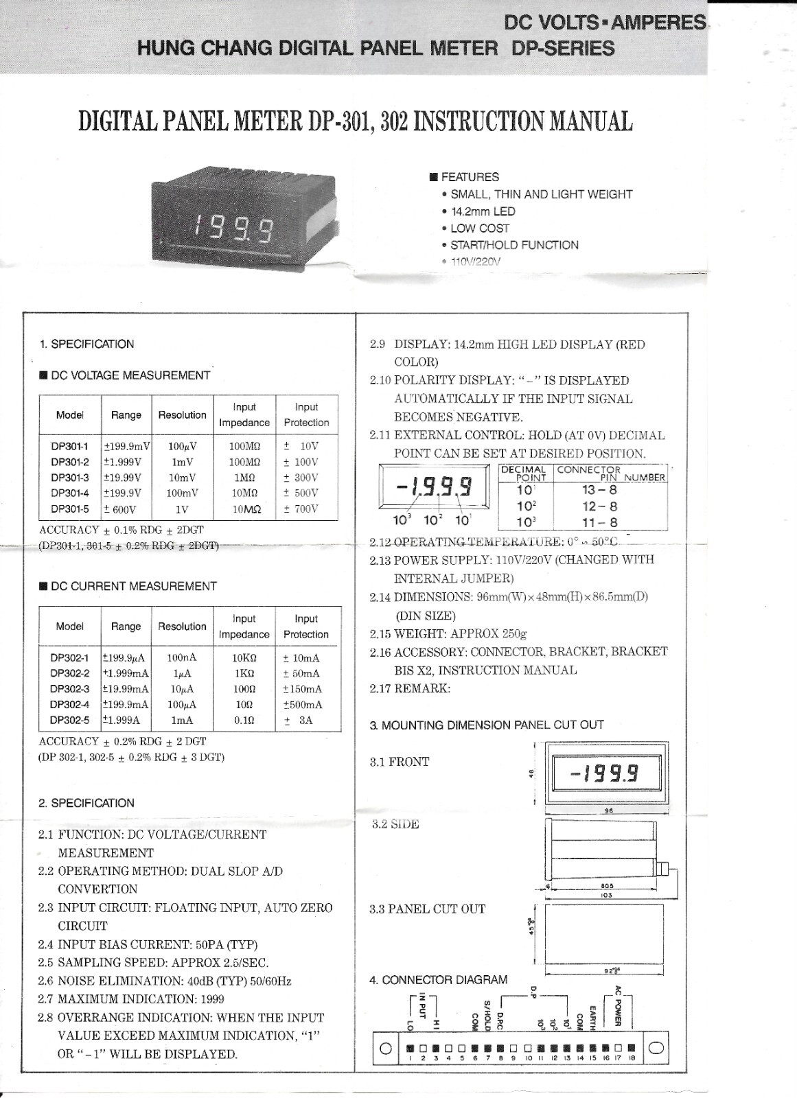 Hung Chang Digital Panel Meter DP-301-4, +/- 200VDC, New