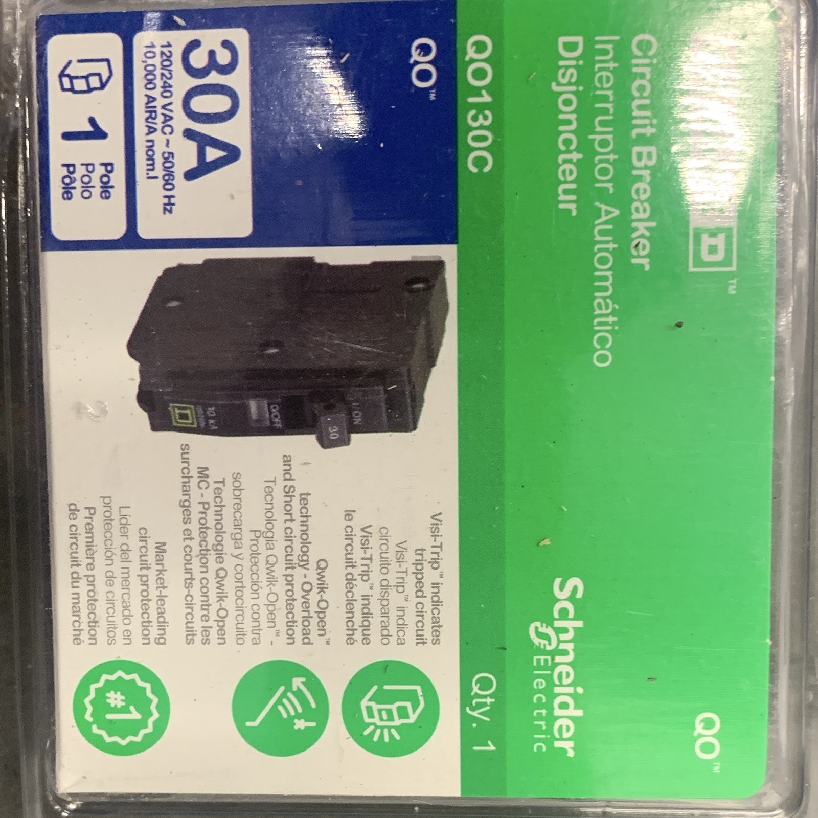 Square D QO130C QO Circuit Breaker 30A 1-Pole 120/240 Vac Trip Indicator