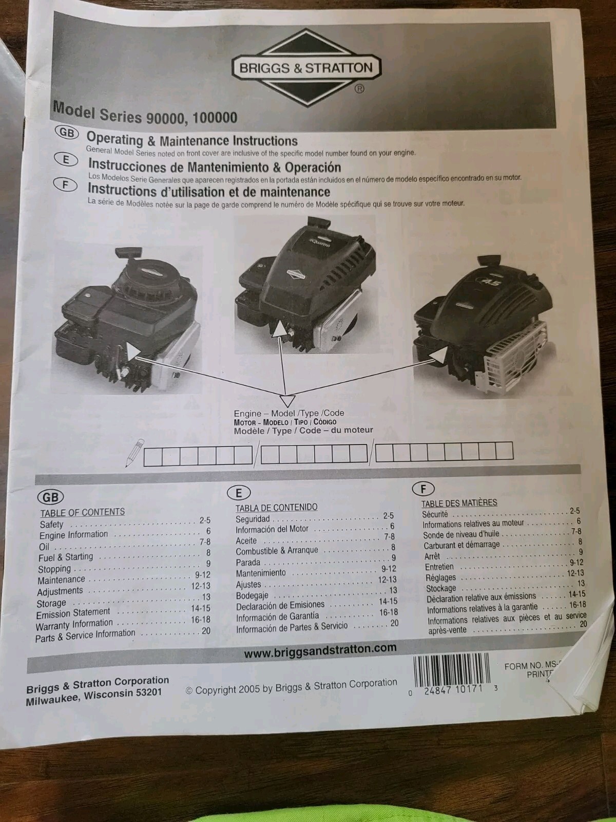 Briggs & Stratton Engine Operating Manual Model Series 90000, 100000 Date 2005