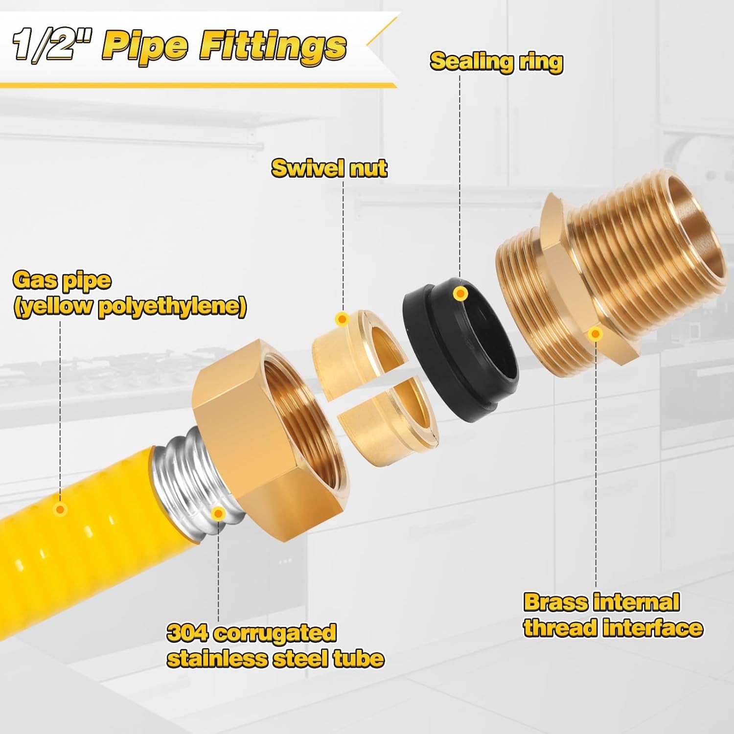 70Ft 1/2 Inch Flexible Gas Line Tubing Kit with Fittings for NG or Propane Use