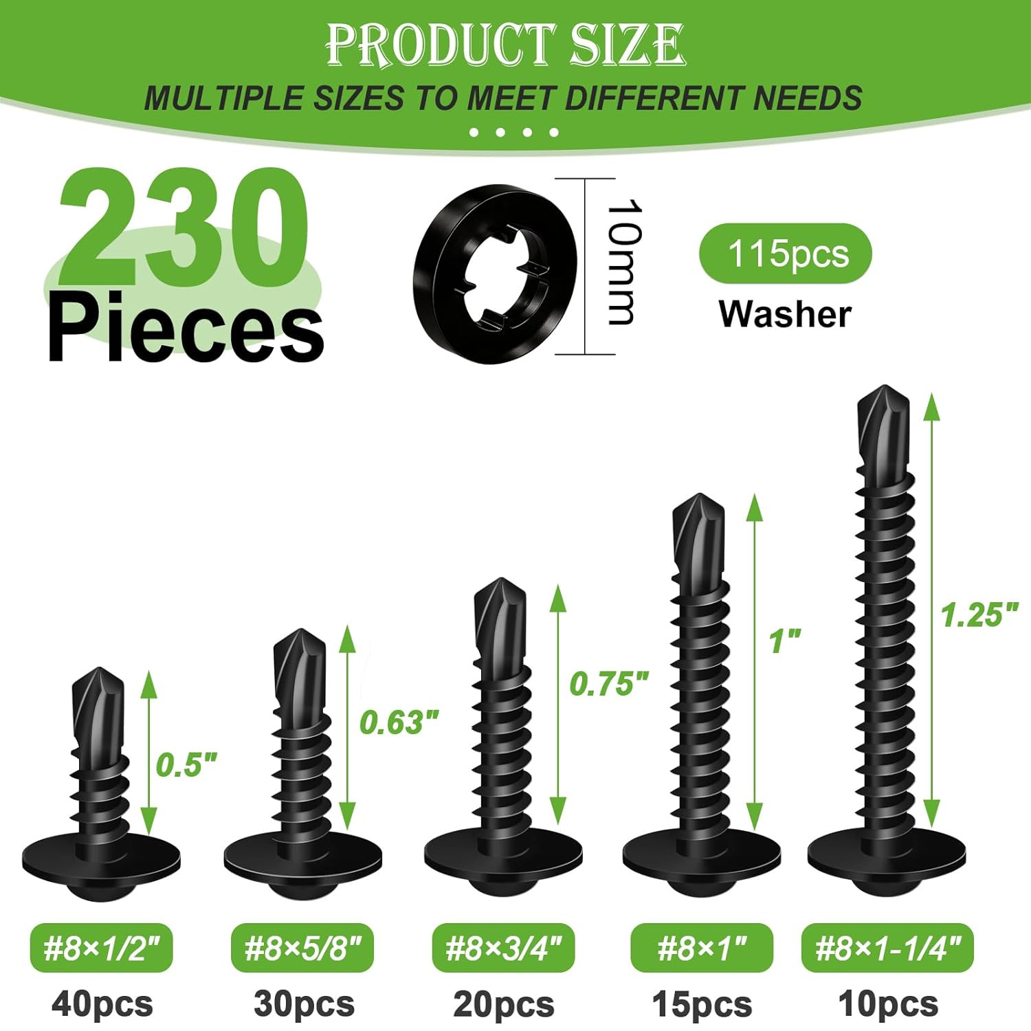 230PCS #8 Self Tapping Screws,410 Stainless Steel Self Tapping Screws for Metal,