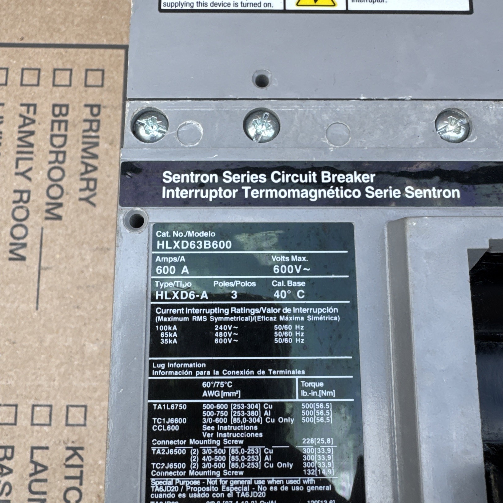 Siemens HLXD63B600 600 Amp 3 Pole 600v Circuit Breaker 3P 600A W/ 600A Trip