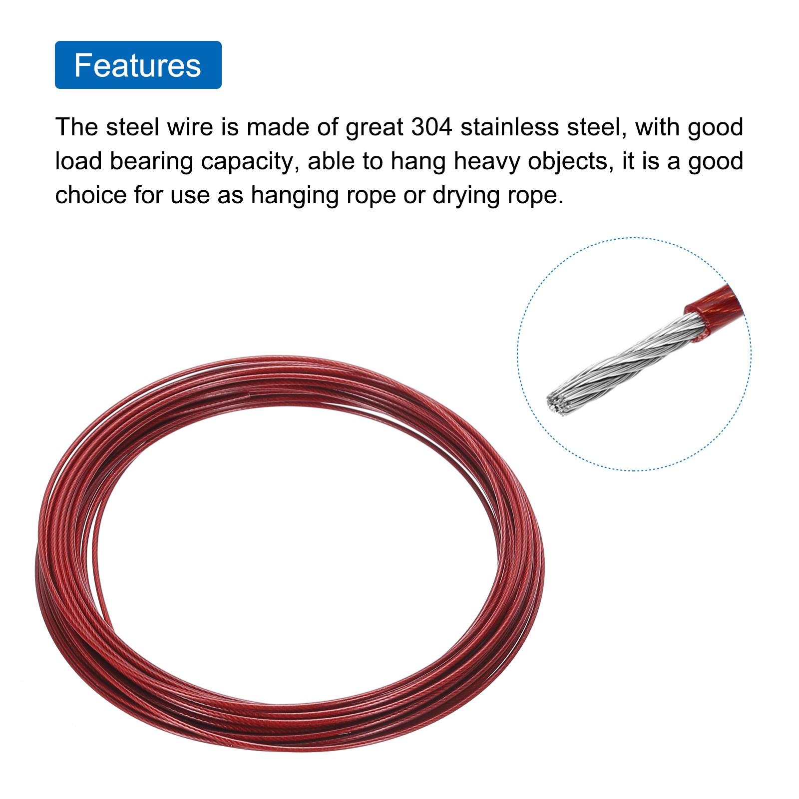 33Ft(10M) Wire Rope 304 Stainless Steel 1/16″ (1.5 mm) with 2Pcs Sleeve Red