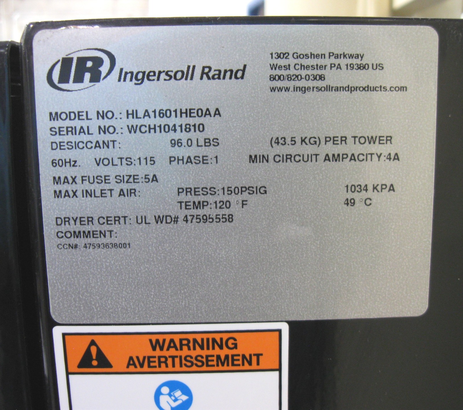 C200062 IR Ingersoll-Rand HLA1601HE0AA Heatless Desiccant Compressed Air Dryer
