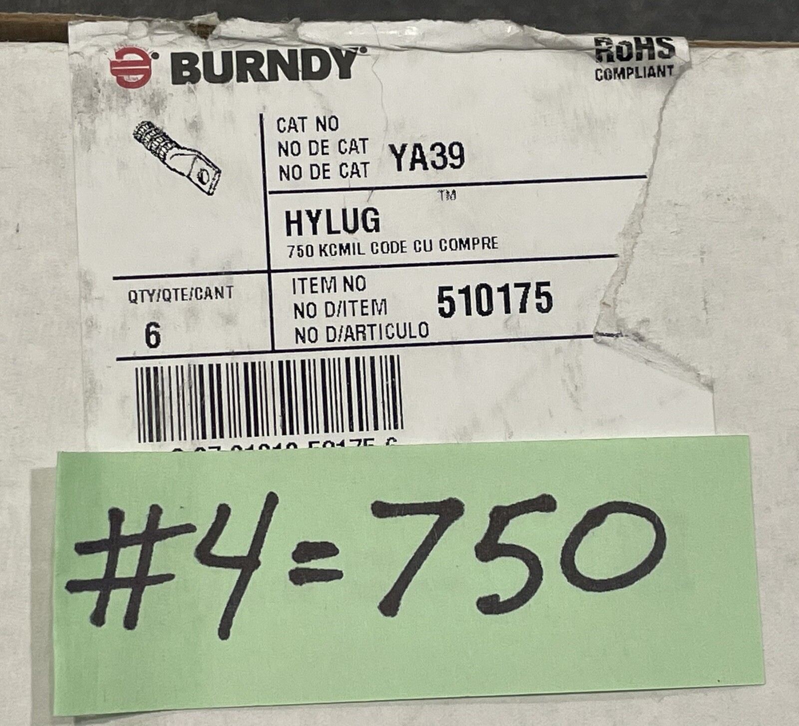 Lot of 4 Burndy U39RT 1 Hole Lug 750 kcmil CU Black Die 24