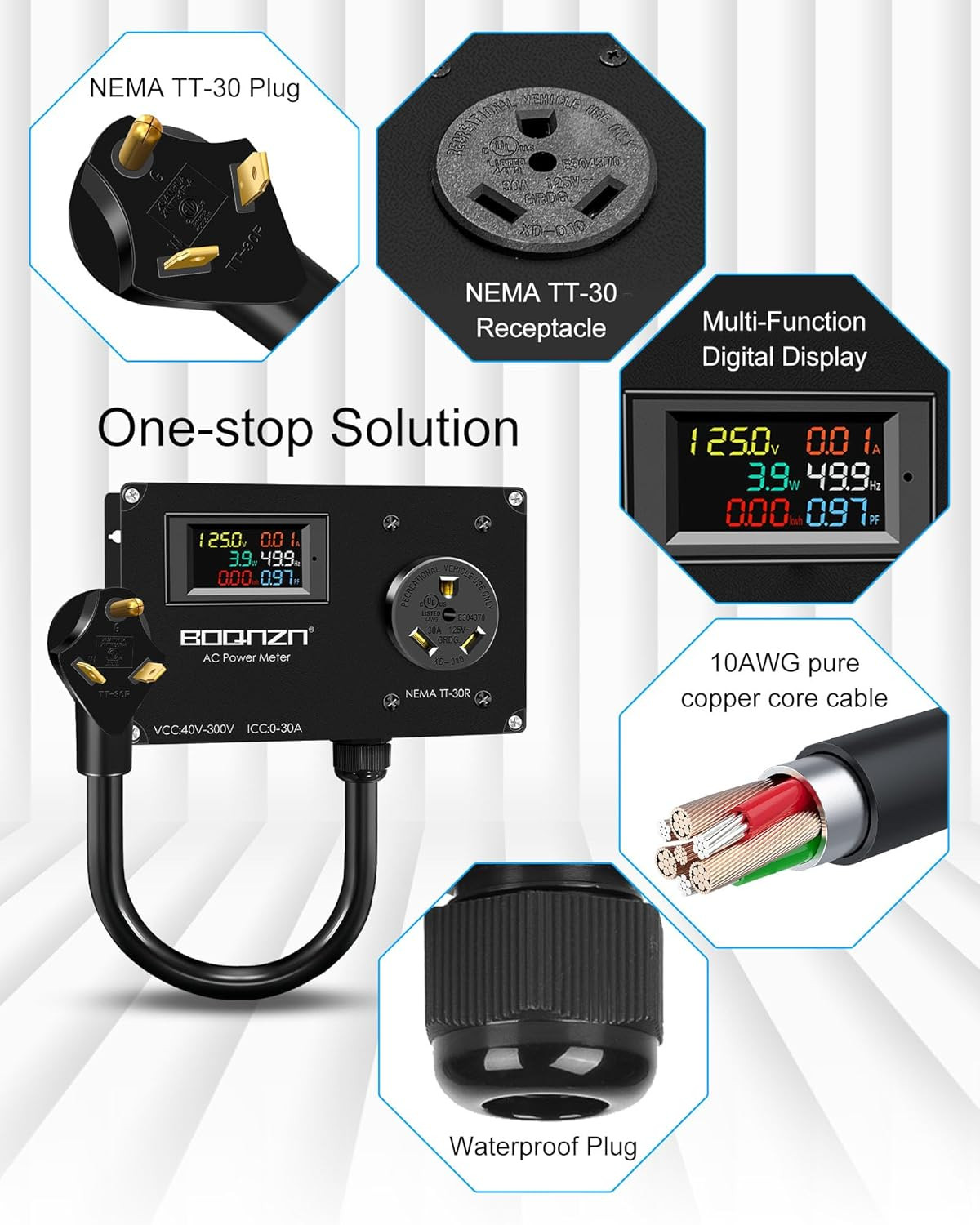 30A 125V AC Power Meter, NEMA TT-30P to TT-30R Outlet Monitor, Multifunction Ene
