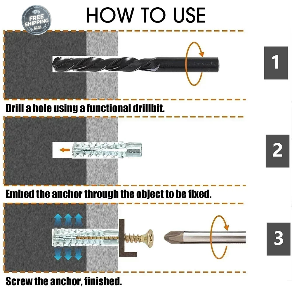 10/100Sets Metal Expansion Anchors Self Tapping Screws Concrete Wall Plugs