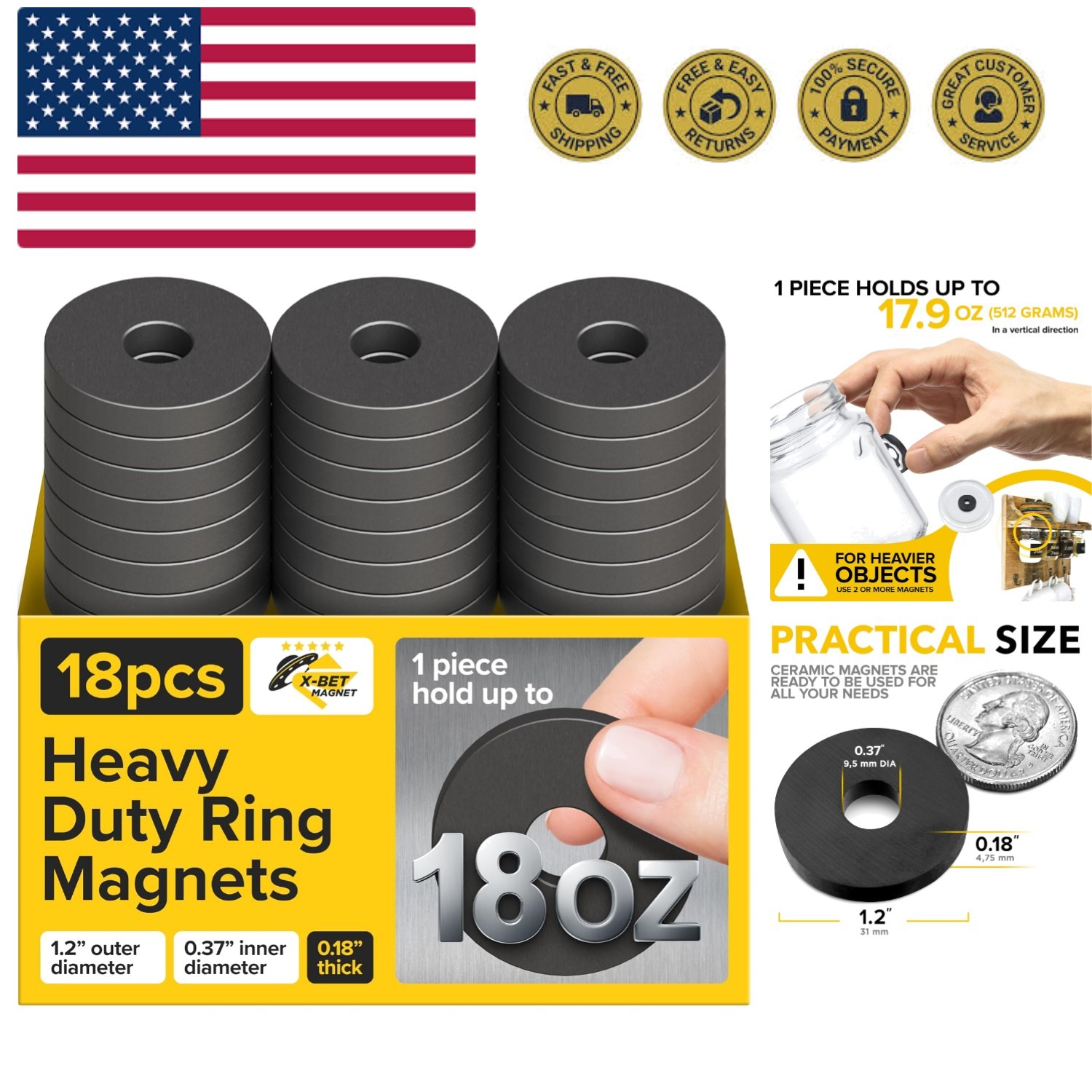Industrial Ceramic Ring Magnets with Countersunk Hole – 30×4.5mm 1.2″ x 0.18″…