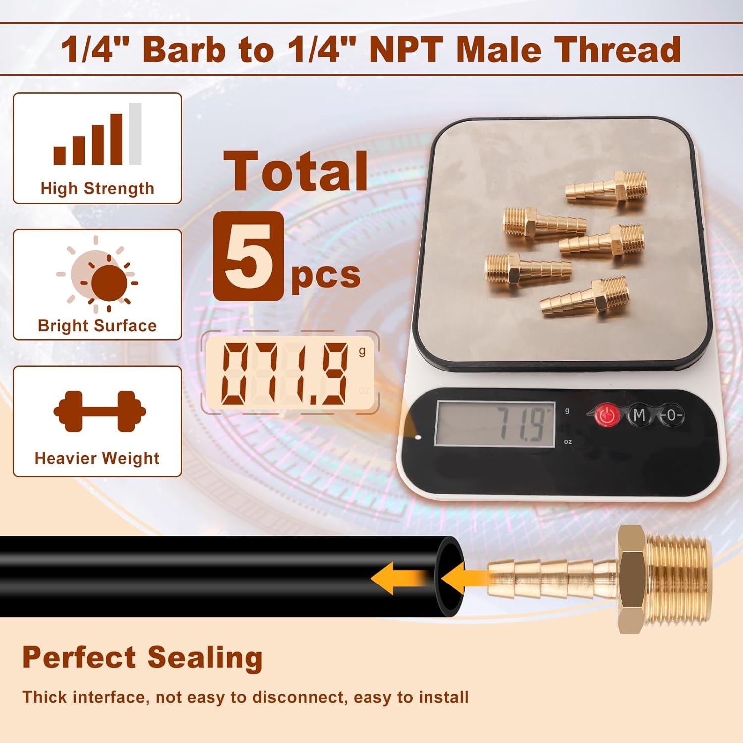 1/4 Inch Barb to 1/4 NPT Male Brass Hose Fitting Air Water Fuel Line Adapter 5PK