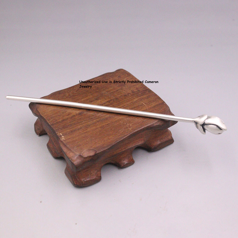 Pure S999 Fine Silver Hairpin Daily Carved Lotus Flower Hair Stick 24-25g 6.14in