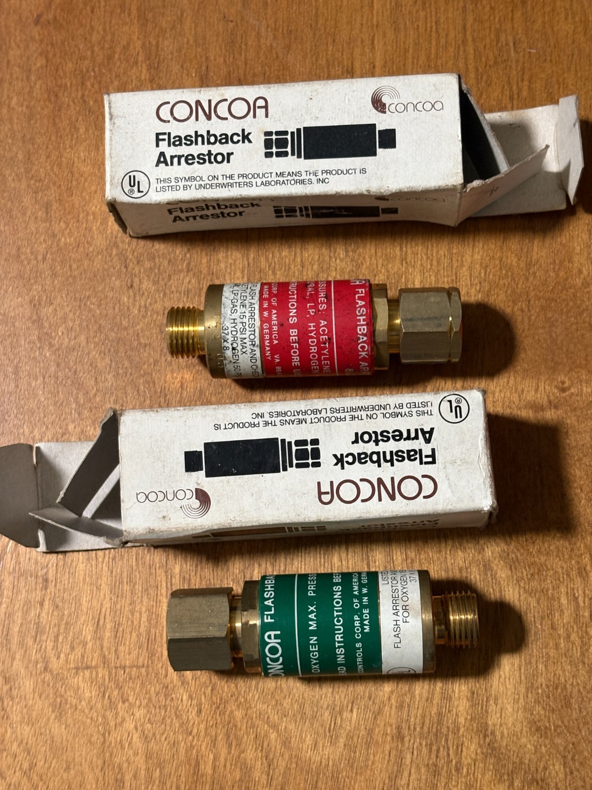 Pair of Concoa flashback arrestors, 8010539 , 8010536, oxygen acetylene unused