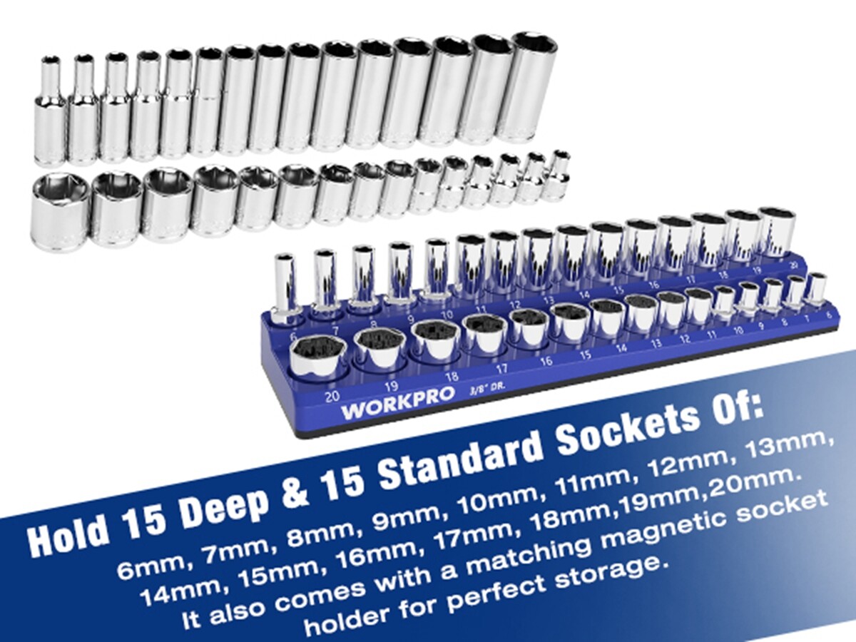 WORKPRO 32PC Mechanics Tool Kit 3/8″ Drive 30 Metric Deep Shallow Sockets 6-20mm