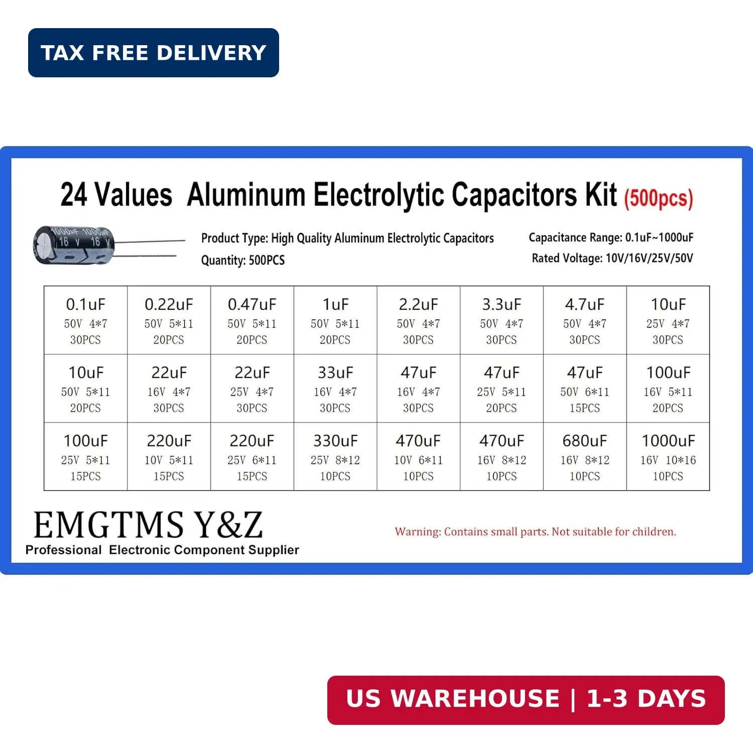 500pcs 24-Value Electrolytic Capacitor Assortment Kit (0.1uF-1000uF) | 10V 16V 2