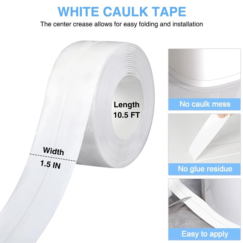 2 Rolls Caulk Tape Self Adhesive, Bathroom Waterproof White Caulking Sealant …
