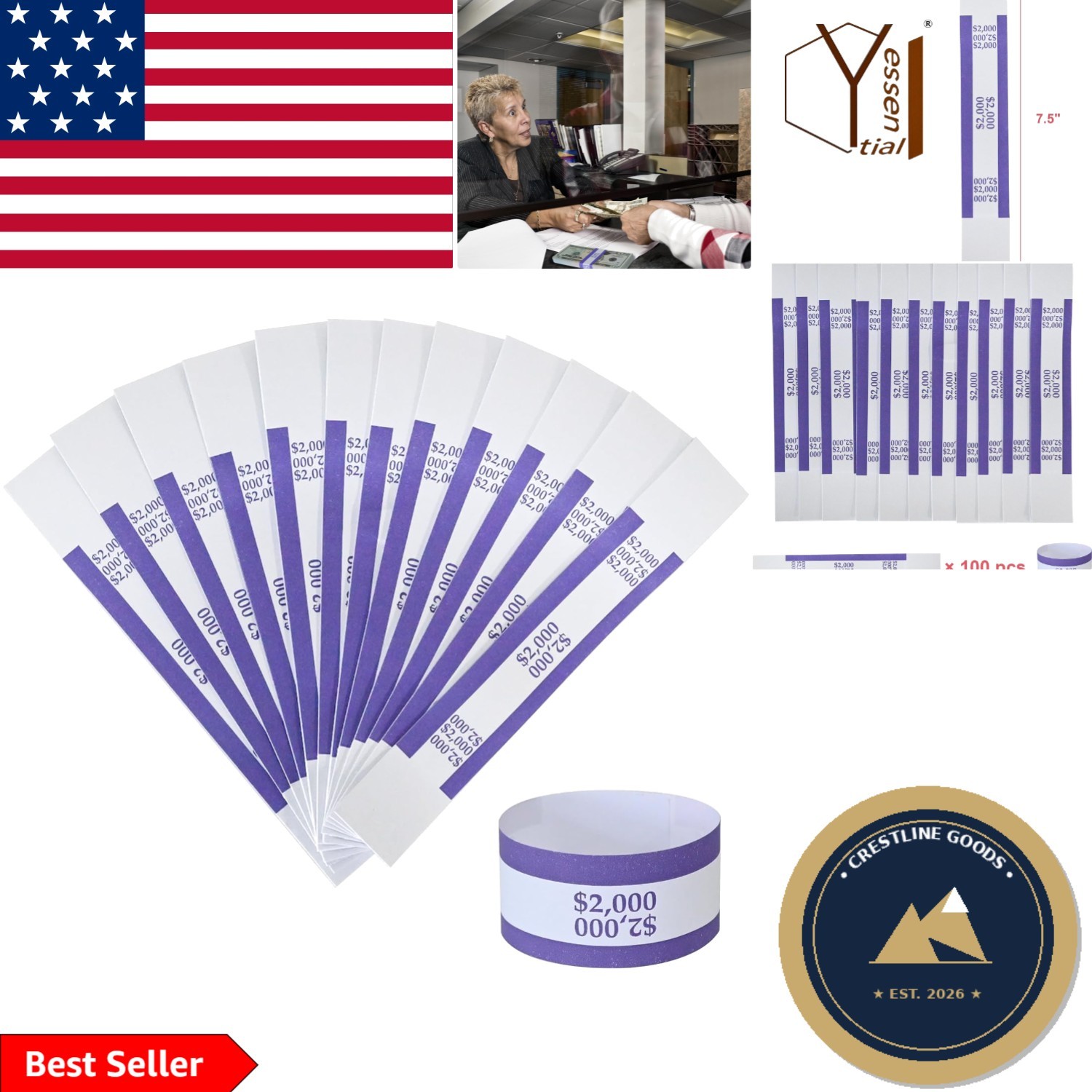 $2000 Purple Currency Straps – 100 Count ABA Standard Self-Adhesive Bill Bands