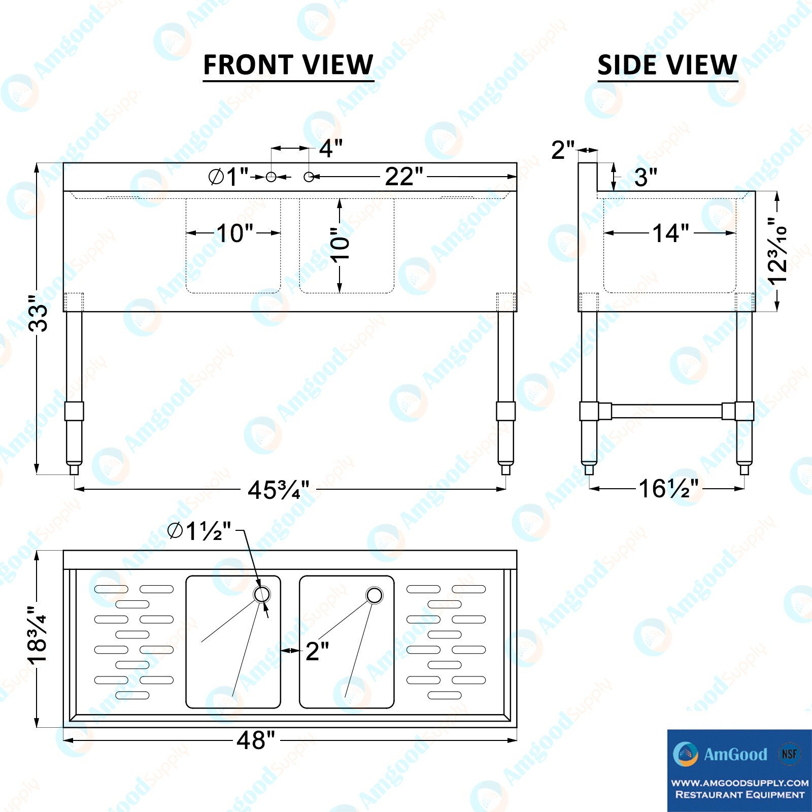 48 in. x 19 in. Two Compartment Underbar Sink with Two Drainboards