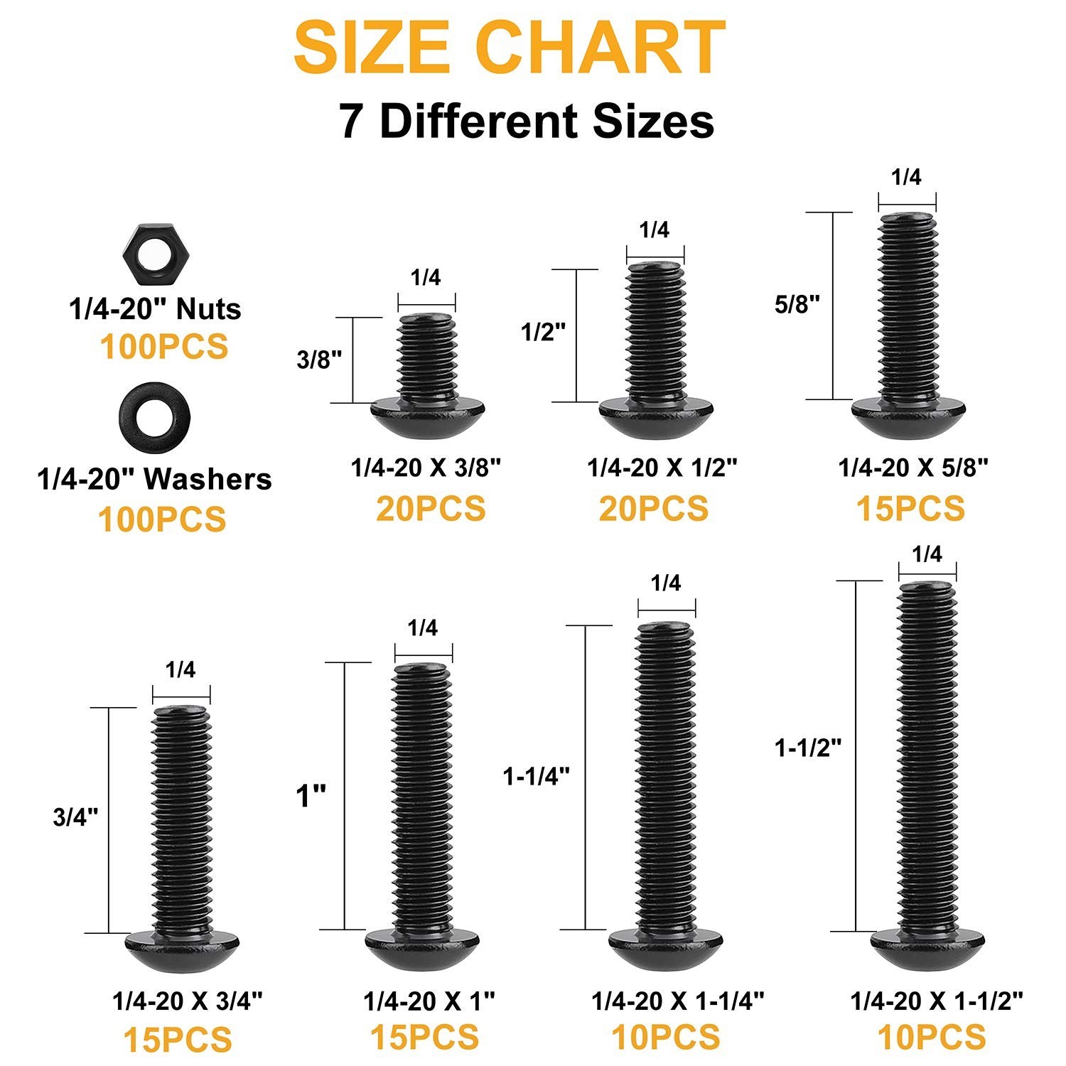 305Pcs 1/4-20 Bolt Nut Assortment Kit, Black Socket Cap Screws, Washers, Class 1