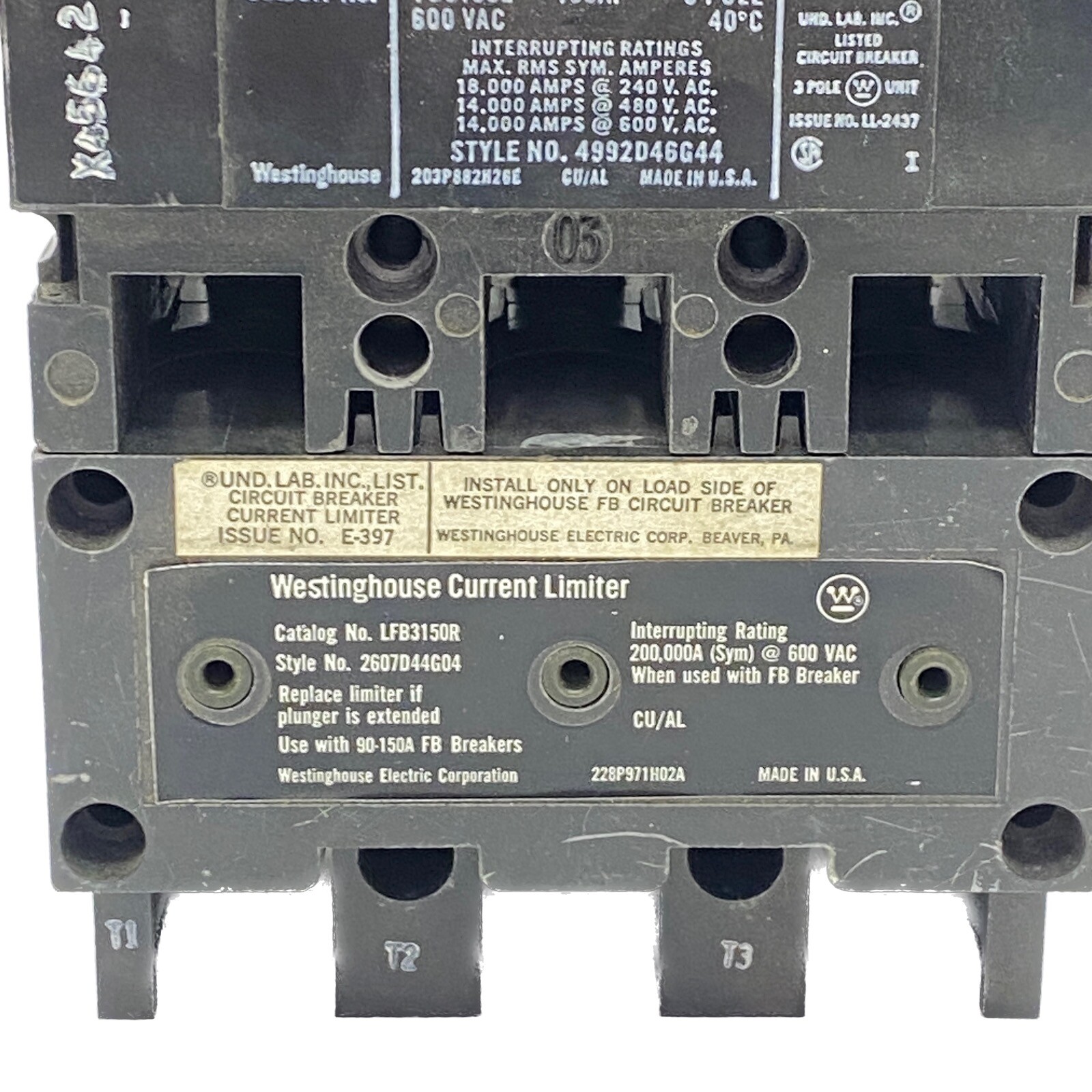 Westinghouse 100A 600VAC 3P Circuit Breaker FB3100L w/ Current Limiter LFB3150R