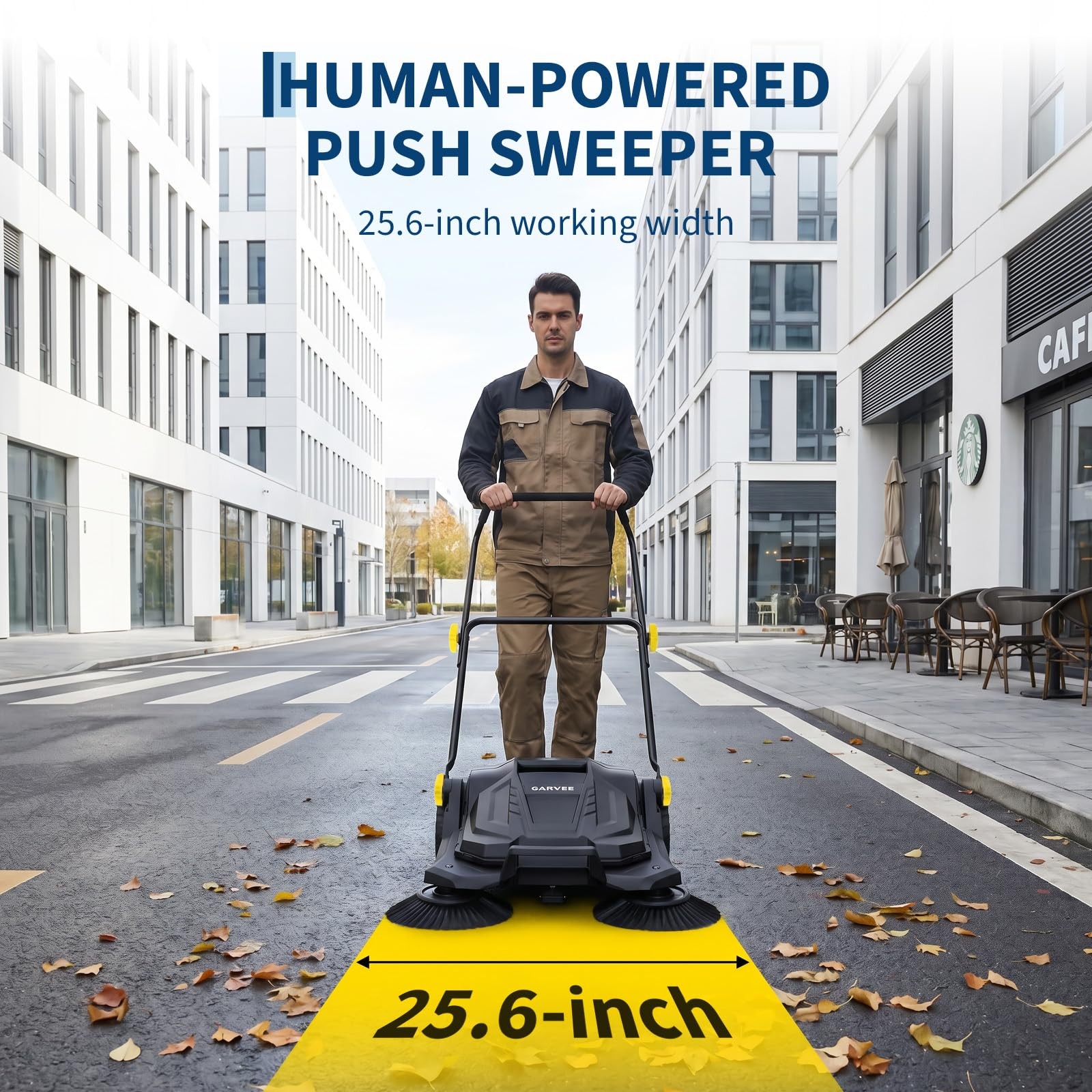 Garvee Walk Behind Hand Push Floor Sweeper 25.6″ Width 5 Gallon Waste Container