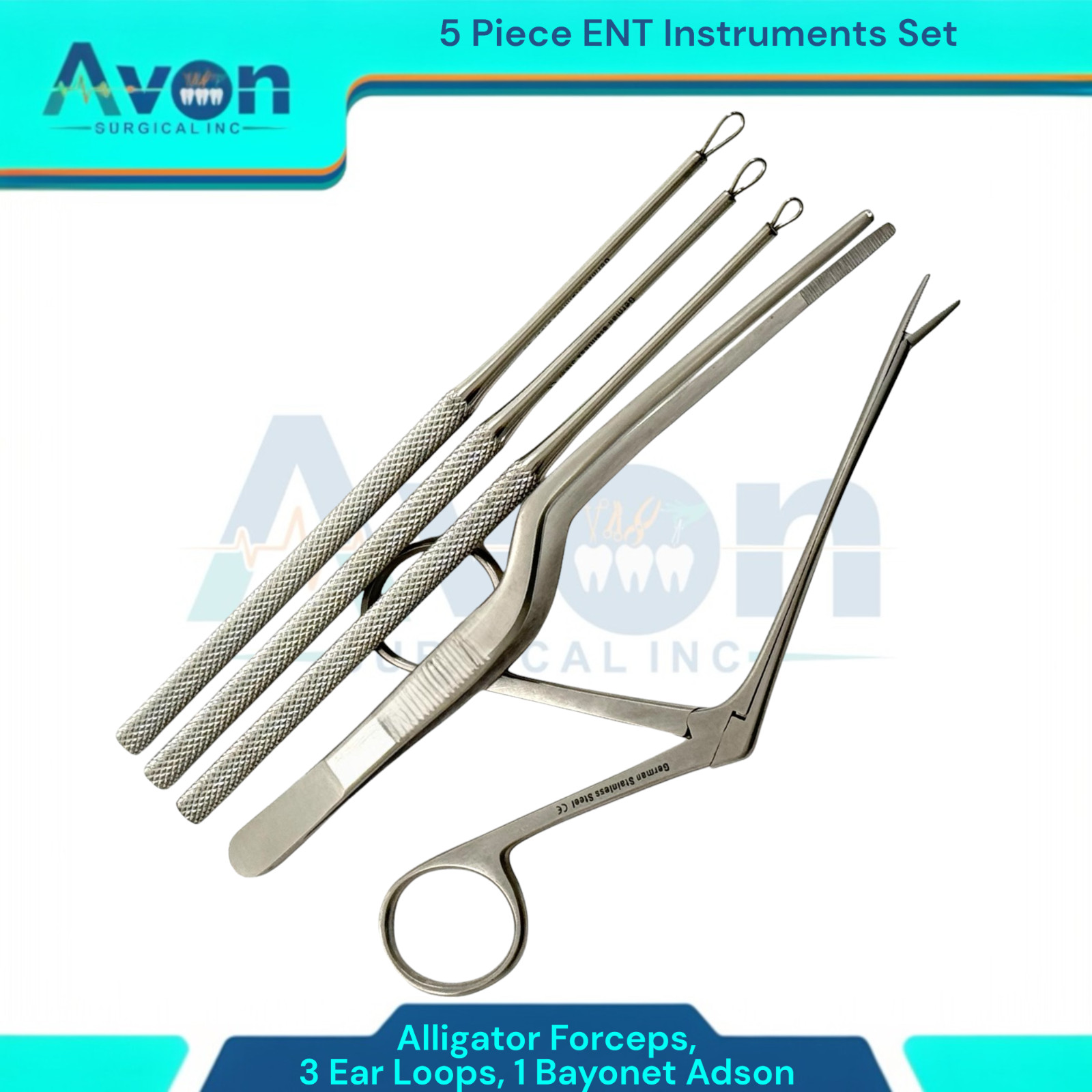 Ear Wax & Foreign Object Removal Kit-Alligator Forceps, Bayonet Adson, Ear Loops