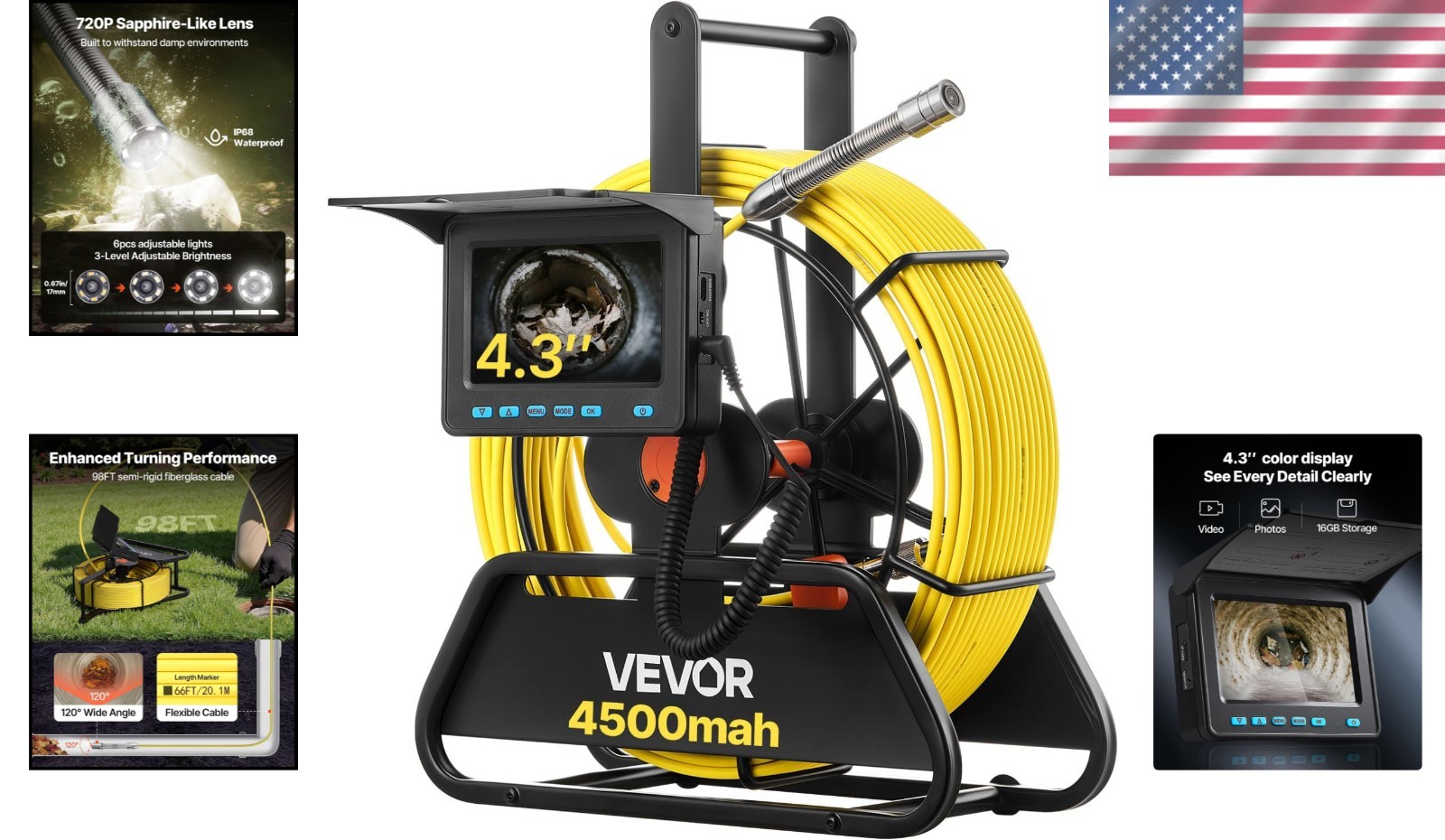 4.3» Drain Inspection Camera with 6 LEDs & 4500mAh Battery for Pipe Inspections