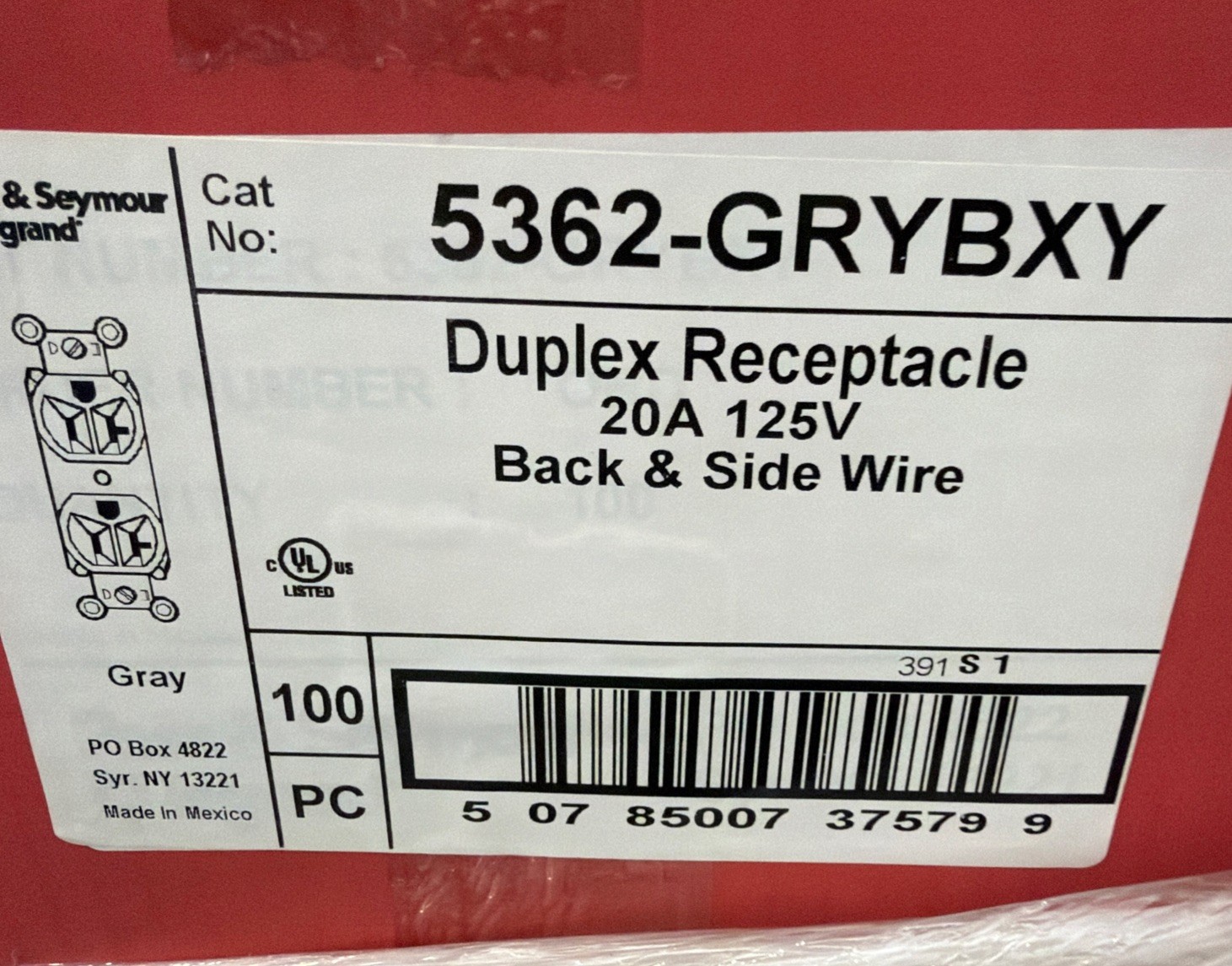 Legrand 5362-GRYBXY Duplex Receptacle, 20 Amp 125V, Gray, Case of 100