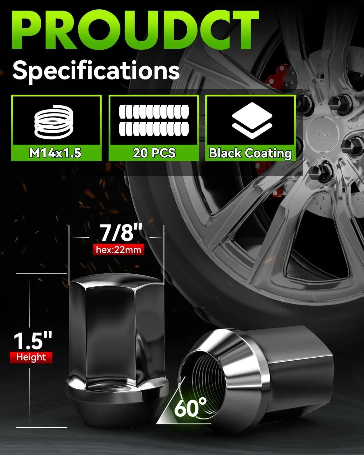 20 PCS 14×1.5 Pitch Studs Wheel Lug Nuts, 1.5 inch Height OEM Factory Style Acor