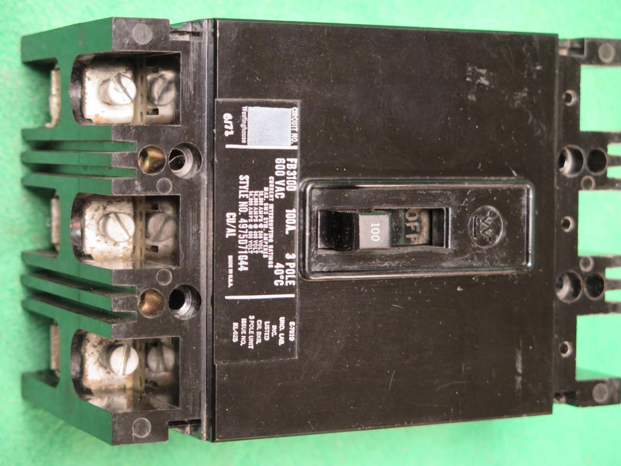 WESTINGHOUSE FB3100 100 AMP 3 POLE AB DE-ION CIRCUIT BREAKER 600 VAC MOLDED CASE